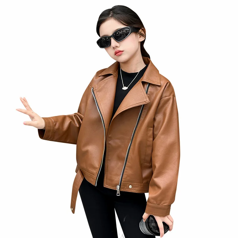 

New Spring Children Leather Jacket for Girls Fashion Streetwear Hip Hop Leather Coat Outfit Teenage Kids Cool Crop Tops 4-14 Y