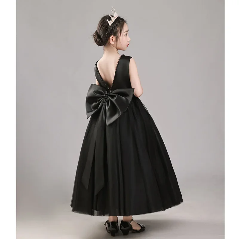 Elegant Girls Bow Princess Dress For Wedding Child backless Beads Long Gown Kids Evening Party Vestido Birthday Ceremony Costume