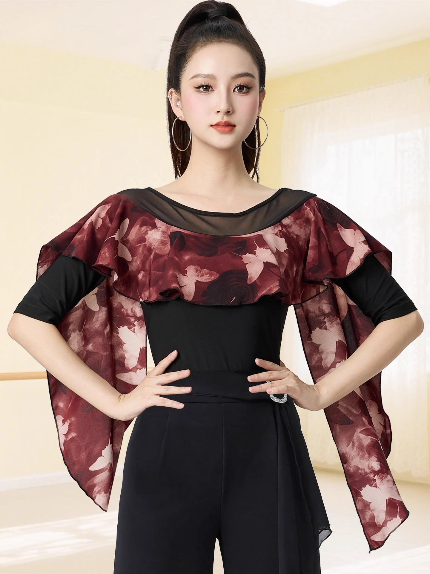 새로운 현대 댄스 탑 패션 인쇄 라틴 댄스 의류 우아한 크루 넥 라틴 댄스 의류