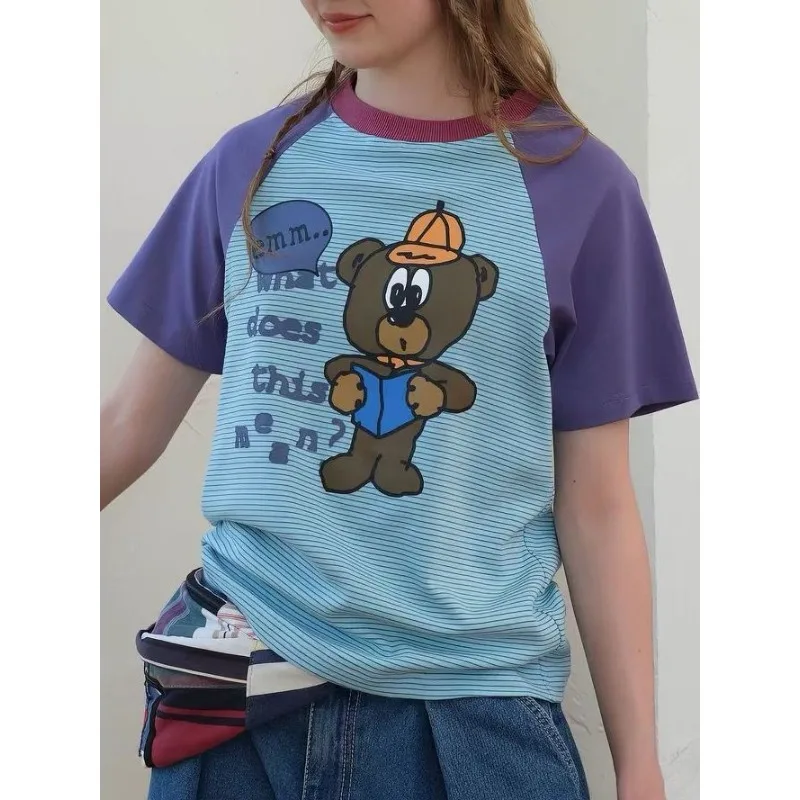 American Retro 90s Teddy Bear Printed Striped Contrasting Short Sleeved Tee Raglan Sleeves Loose and Age Reducing Versatile Top