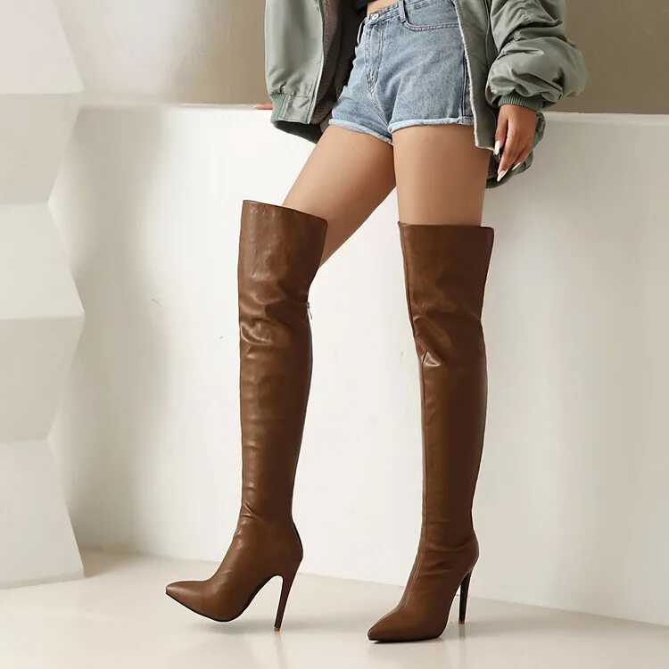 Sexy Leopard Print 11cm High-heele Knee High Boots Suede Pointed Back Zipper Thigh Boots Pole Dancing Model Boots Big Size 34-47