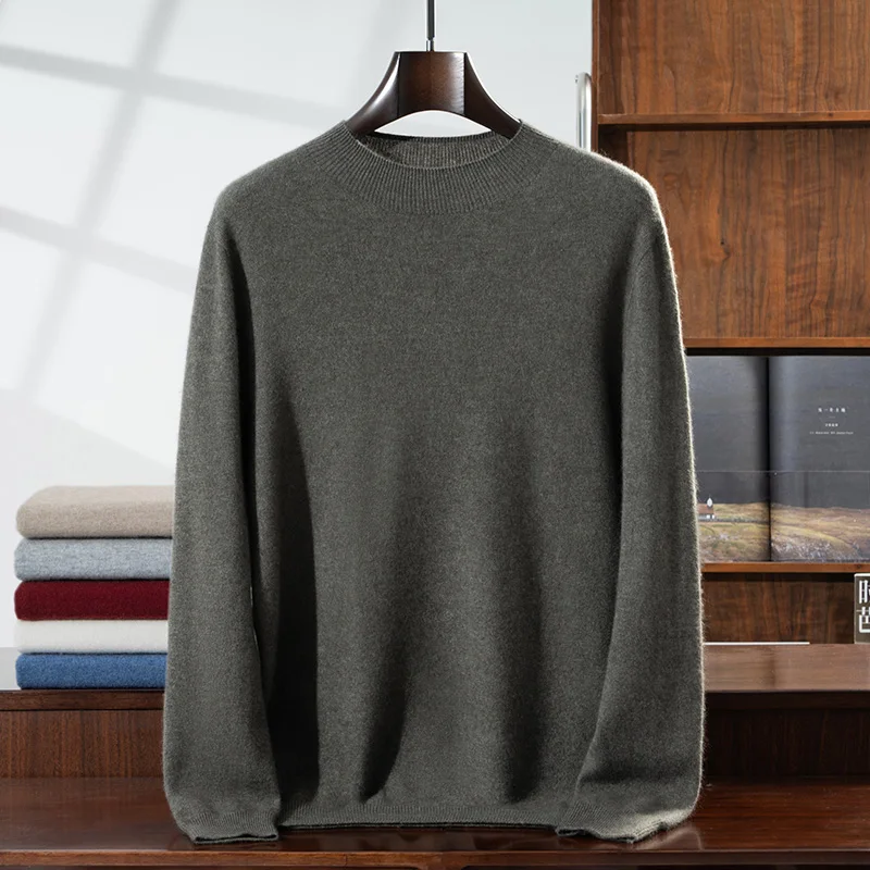 

100% Pure Cashmere Sweater Men's Half High Collar Solid Color Pullover Knit Undercoat 2025 Spring/Autumn New Long Sleeve Jumper