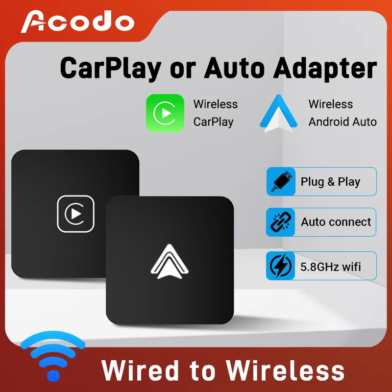 Acodo Wired to Wireless CarPlay Adapter Android Auto Smart Dongle Mini Box Plug And Play Bluetooth Connectivity USB Interface 