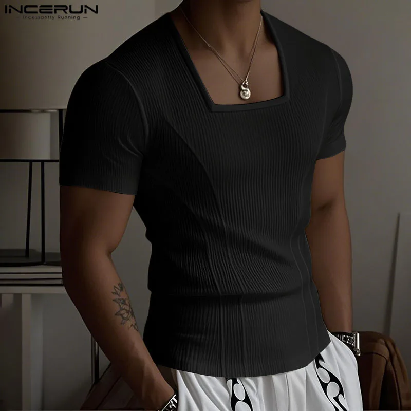 INCERUN Men T Shirt Solid Square Collar Short Sleeve Summer Male Tee Tops Streetwear 2025 Texture Fashion Casual Men Clothing