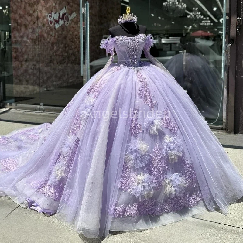 Angelsbride Glamorous Lilac Ball Gown Quinceanera Dresses With 3D Appliques Sweet 16 Dress Vestido De 15 Quinceañera