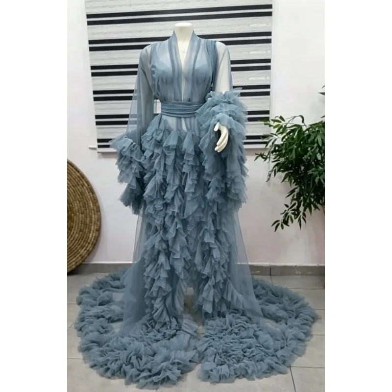 Sheer Layered Ruffle Tulle Photoshoot Cover Up, Cardigan with Long Train and Pleated Hem, Flowy Maternity Gown for Travel Shoot