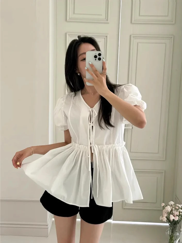 Haut blanc Chic d'été irt pour femmes, bulle vacillante à la taille, Sve v-ne Puff, détail Floral, coupe ample coréenne
