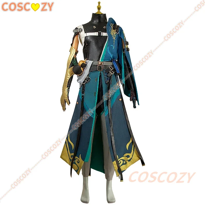 Wuthering Waves Jiyan Cosplay Costume Wig Windborne Rider Green Blue Cloak Armguard Belts Accessories Green Ponytail Hair Set