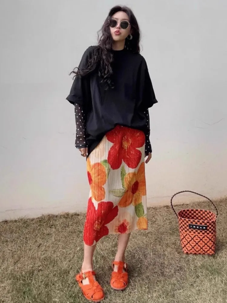 

Летняя женская юбка из ледяного шелка с цветочным принтом, тонкая, из газовой ткани, для отпуска на острове, пляжная, в корейском стиле, плиссированная