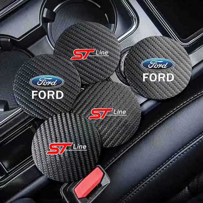 2Pcs Carbon Fiber Coaster Car Water Cup Anti-slip Pad Mat Auto Interior For Ford ST-line Focus Puma Kuga MK2 Fiesta Mondeo F-150