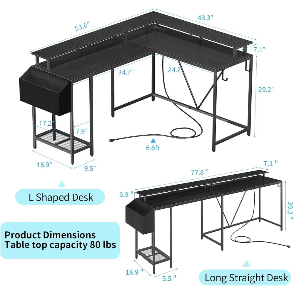 Computer Desk with Power Outlets & LED Lights, L-Shaped Gaming Desk with Monitor Stand & Storage Bag, Corner Desk with Hooks