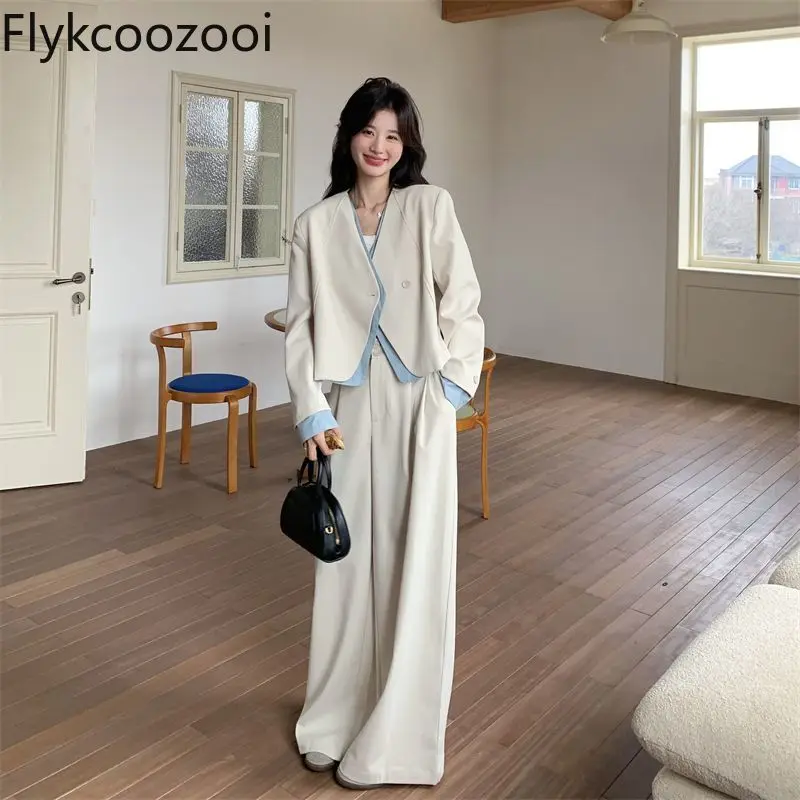 

V-neck Long Sleeve Fake Two Pieces Patchwork Suit Coat Women High-waisted Wide Leg Pants Autumn Office Lady Chic Premium Outfit