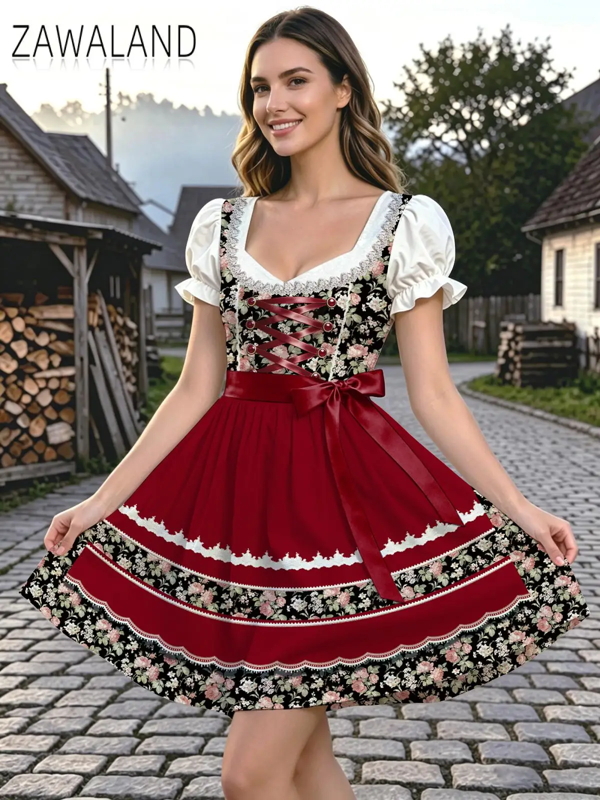 Dirndl-Kleid Oktoberfest-Kostüm für Damen 3D-Blumendruck Puffärmel Minikleid Karneval Bierfest Party Faschingskostüm