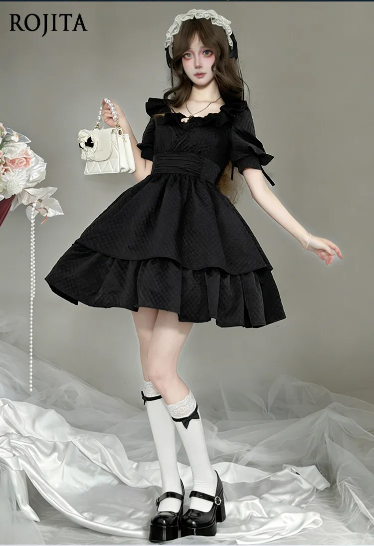 

Lotus Leaf Round Neck Dress Women's Summer Short Sleeves Elegant Rhombus Plaid Jacquard Design High Waist Black Dress