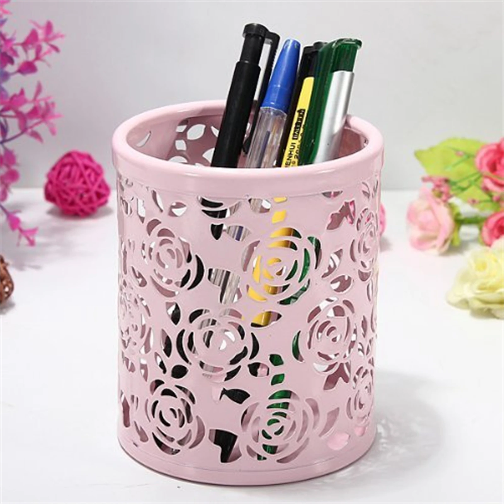 1pc Creative Hollow Rose Pattern Pen Pot Holder Flower Fashion Desktop Cup Makeup Brush Container For Office Home Decoration