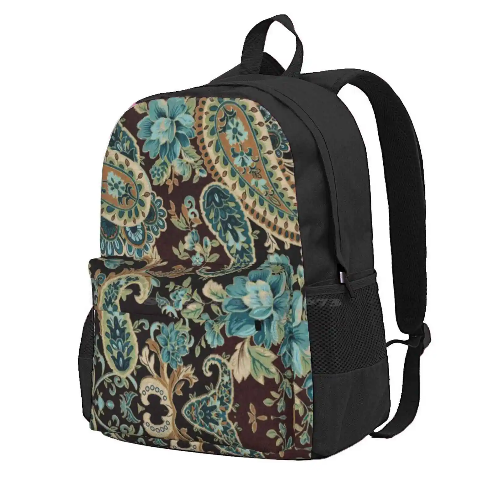 Brown Turquoise Paisley Hot Sale Schoolbag Backpack Fashion Bags Baroque Floral Damask Ornament Pattern Textile Aristocrat