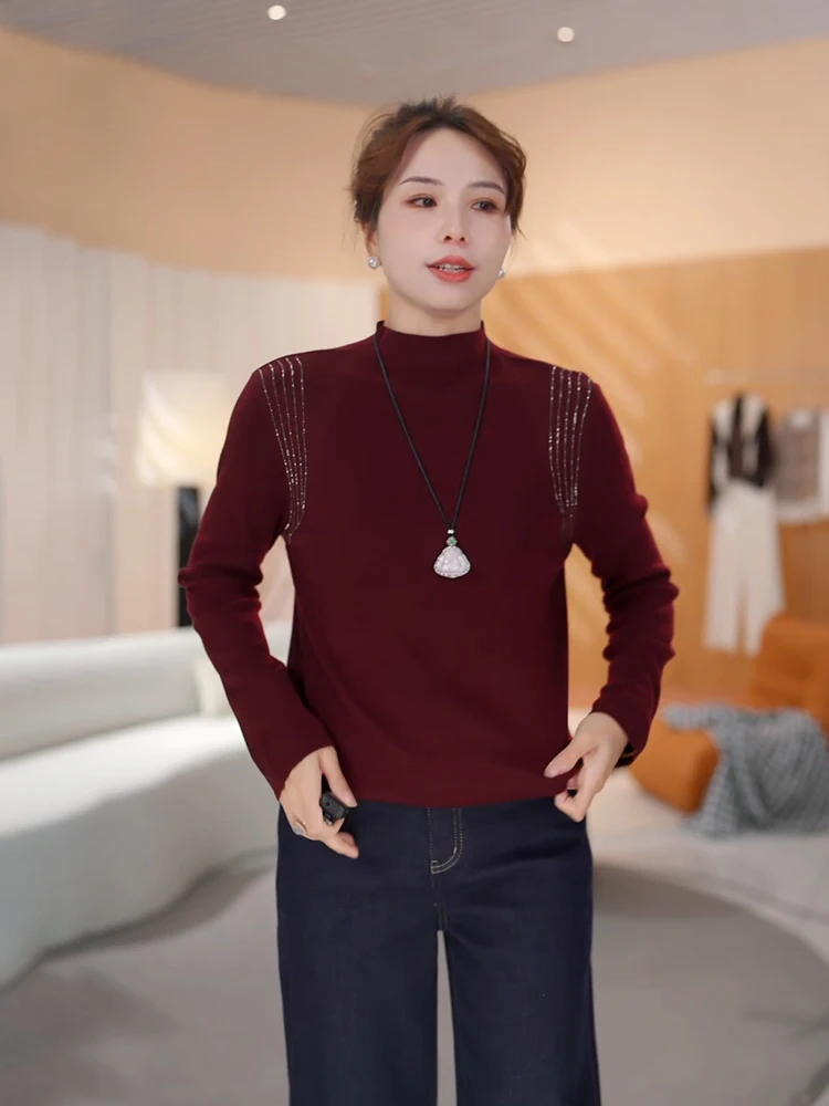 

Heavy Du Rhinestone Slim Fit Knitted Top Women's Autumn 2025 f High Collar Soft Base Layer Sweater Faionable Ele