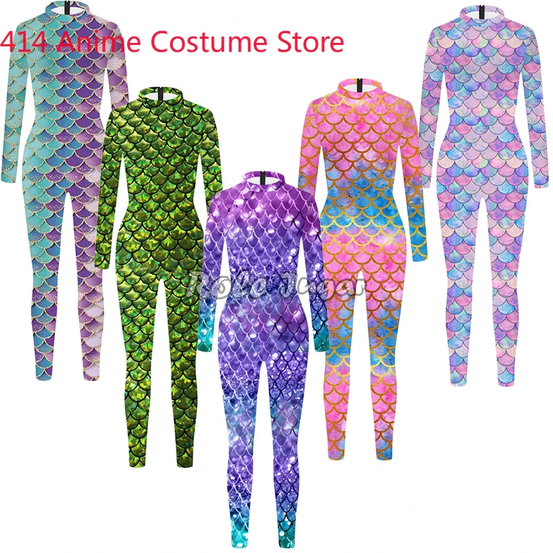 Adult Kids Colorful Shiny Fish Scales Print Cosplay Mermaid Bodysuit Holiday Party Long Sleeve Stretch Parent-Child Jumpsuit