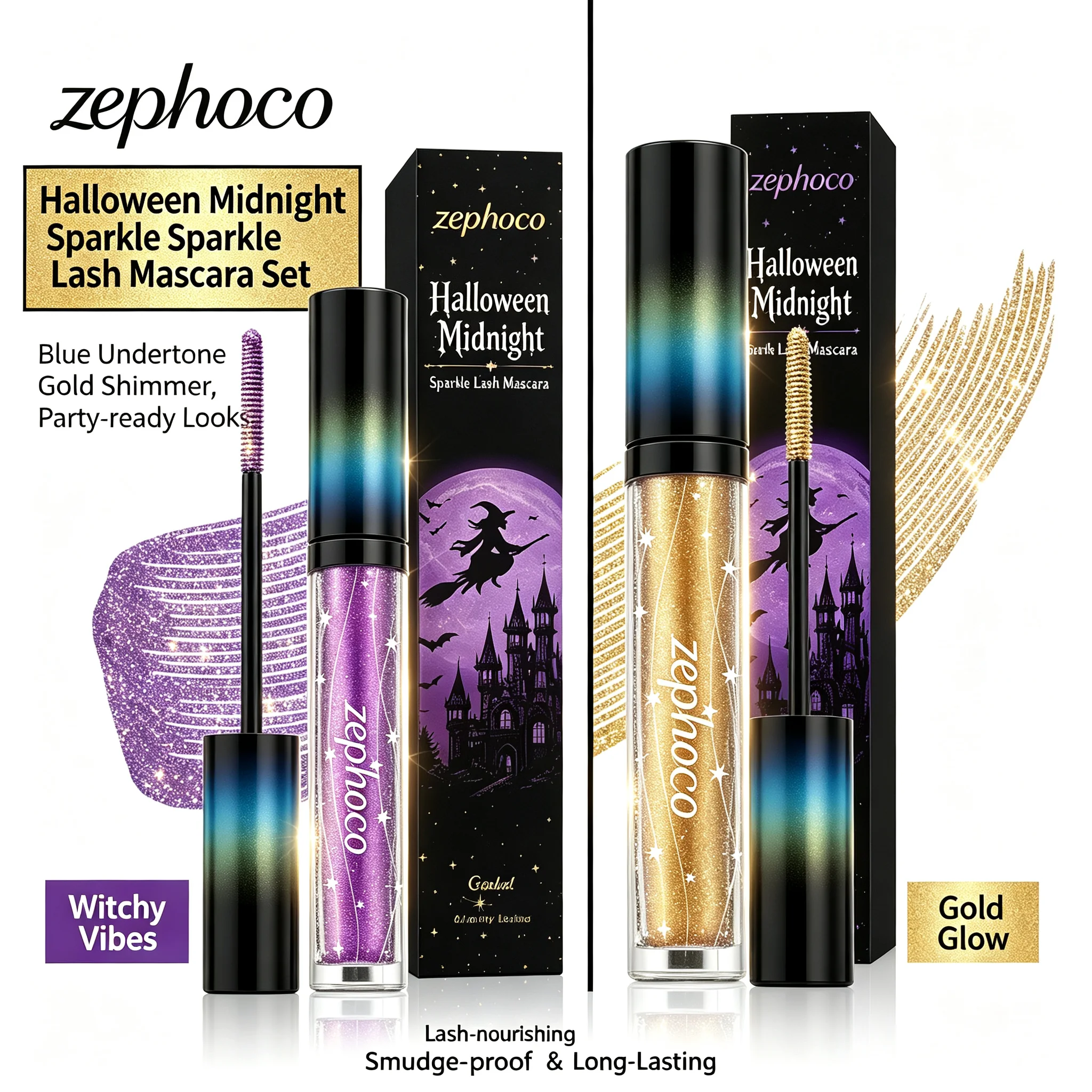 Party Witchy Diamond Glitter Mascara Set, Blue Undertone Gold Shimmer Lash-nourishing Smudge-proof Long-Lasting Mascara