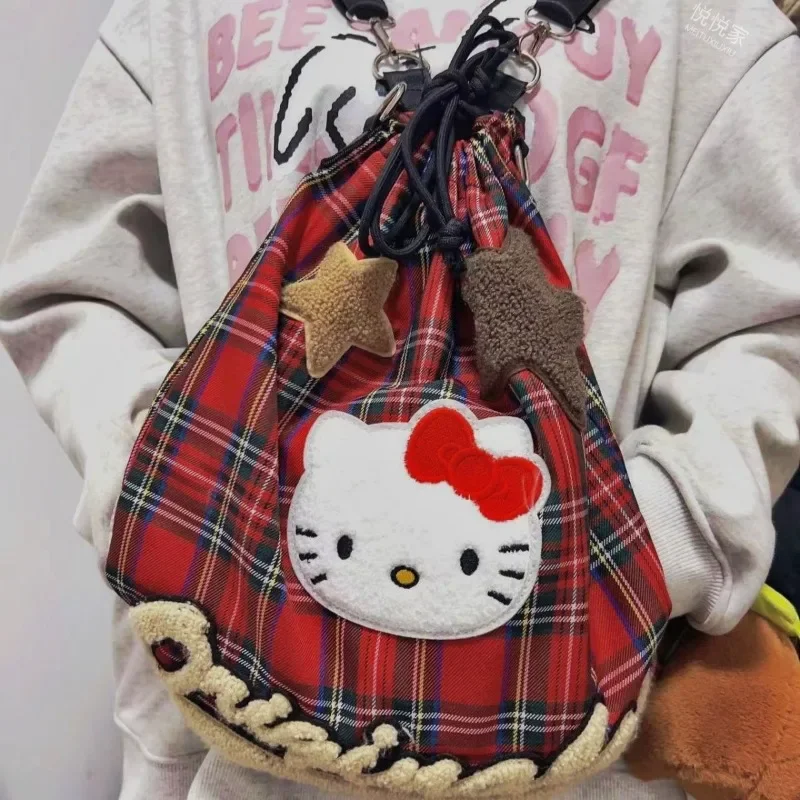 Sanrio Hello Kitty Backpack American Retro Red Plaid Drawstring Bag Student Single and Double Shoulder Messenger Bag Kawaii Gift