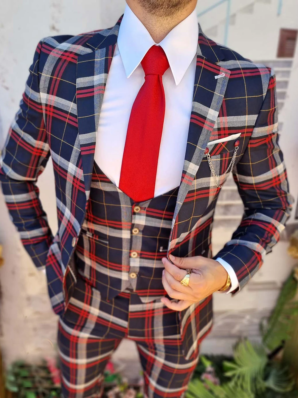Classic Business Suits Men Plaid Check Prom Blazer Customized 3-Piece Sets Male Chic Dresses Formal Banquet Party Groom Tuxedos