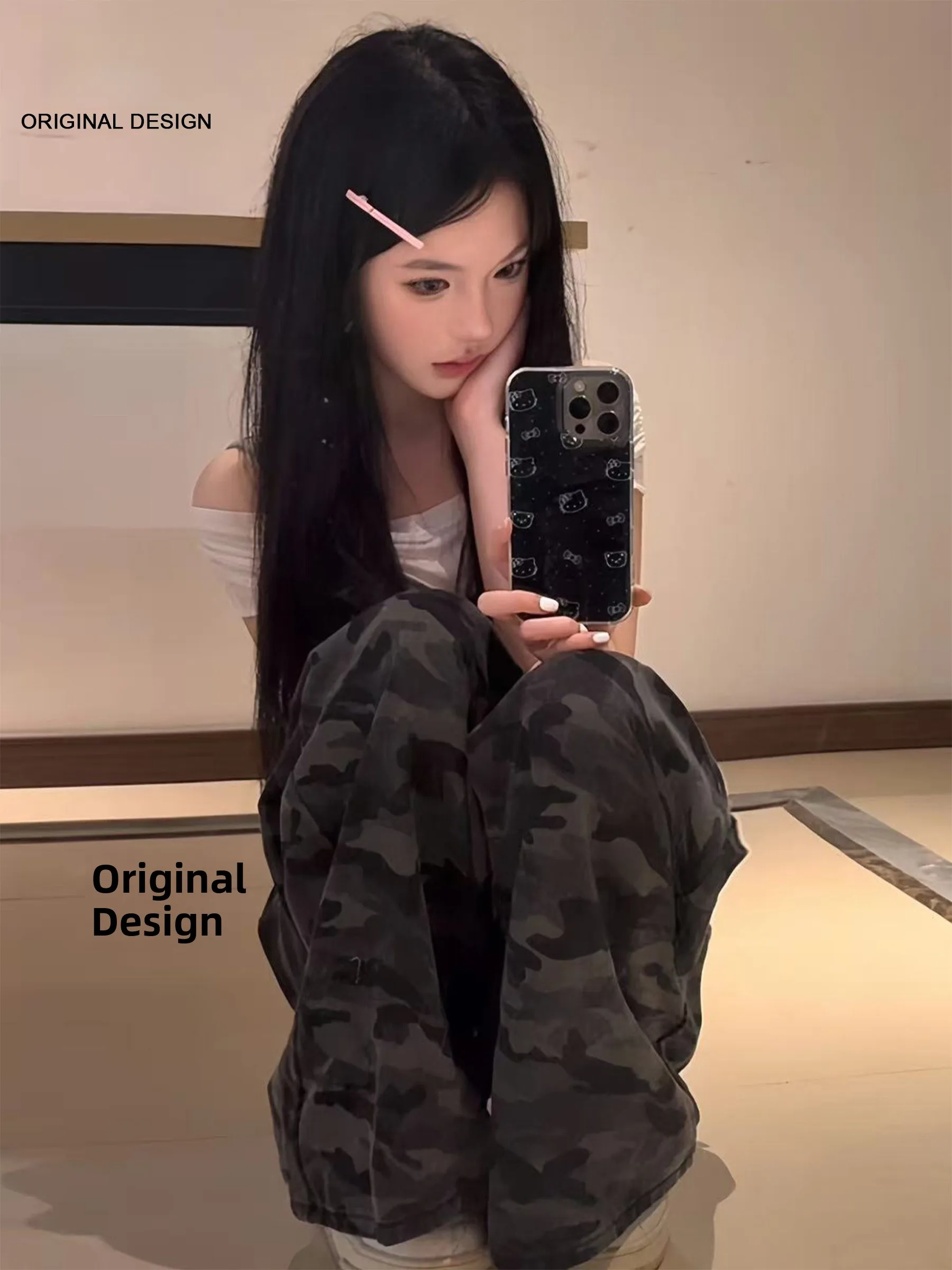 

Американские джинсы с высокой талией и широкими штанинами в камуфляжном стиле, женские летние свободные прямые брюки в пол