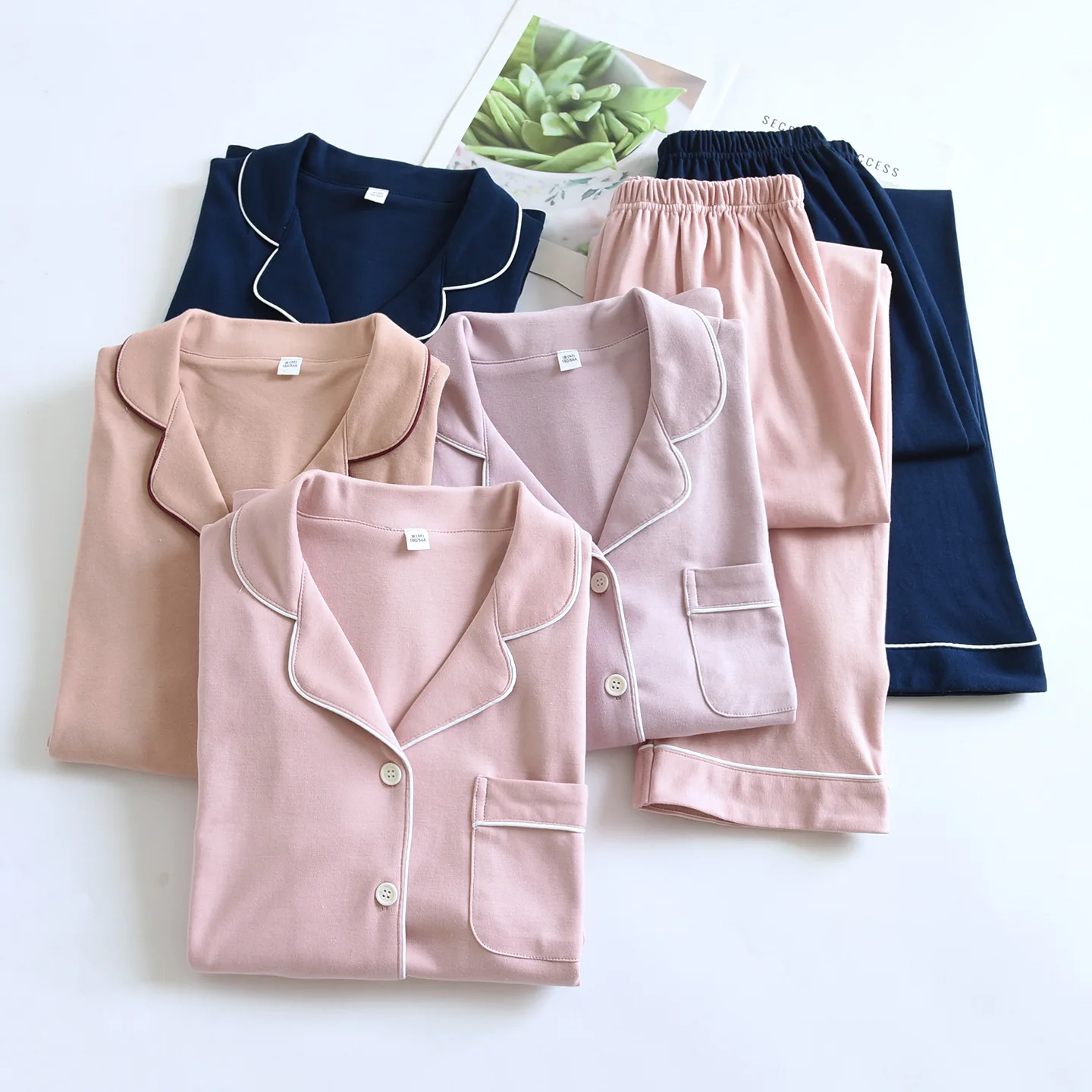 

100% knit cotton brushed warm pajamas sets women spring casual sleepwear long-sleeve simple pure color pyjamas