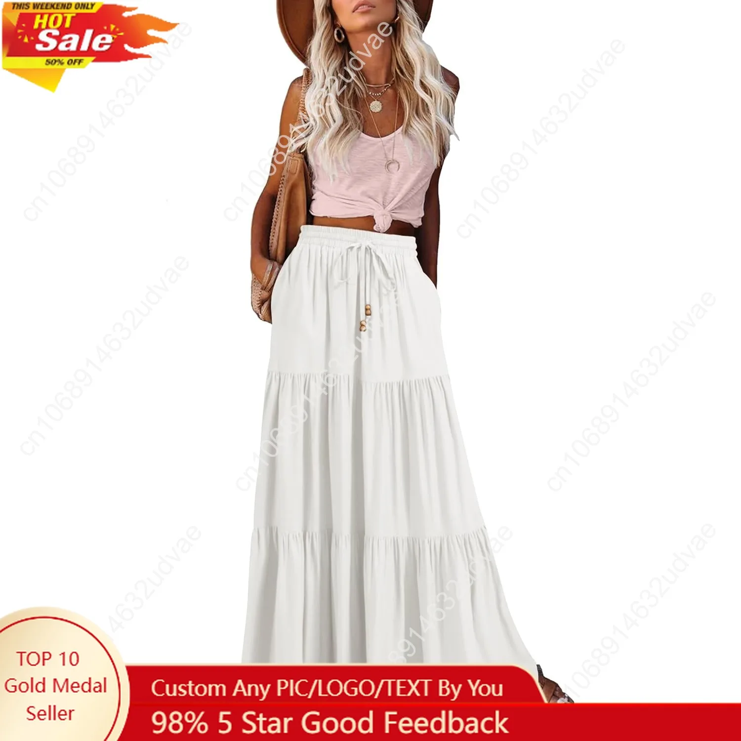 

Women's Summer Boho Maxi Skirt A-Line Flowy Ruffle Tiered Elastic High Waist Beach Long Skirts with Pockets