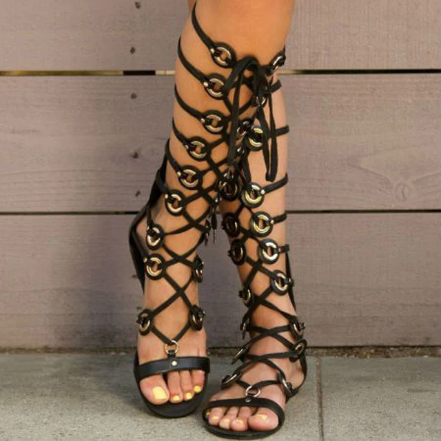 Sexy Metal Circle Cross Lace- Up Summer Knee Boots Flat Sandals Boots Peep Toe Gladiator Hollow Out Strappy vacation Botas Shoes