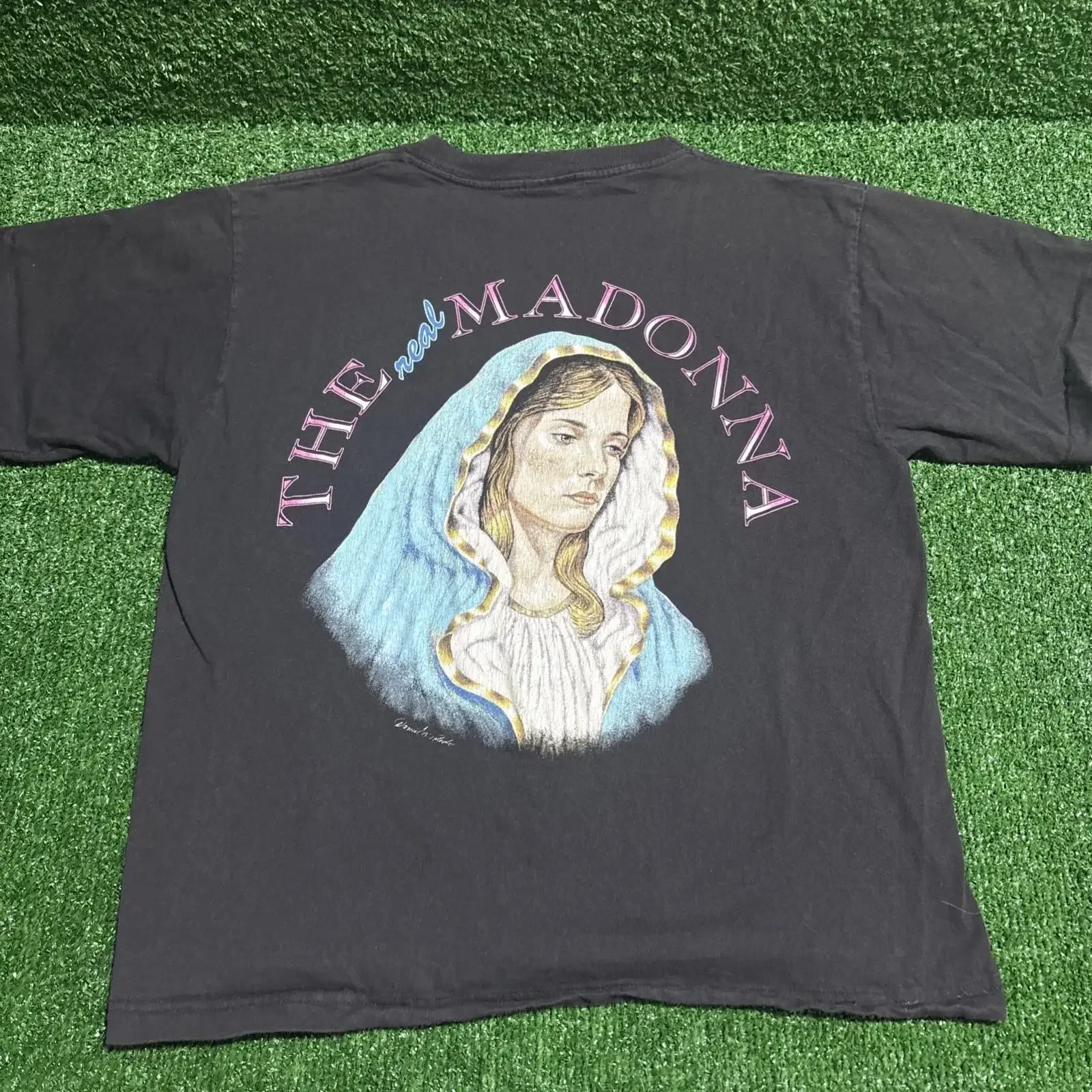 Isaac Pelayo The Real Madonna Black T Shirt Medium Virgin Mary GRAIL vintage Washed Stretched Comfortable Versatile