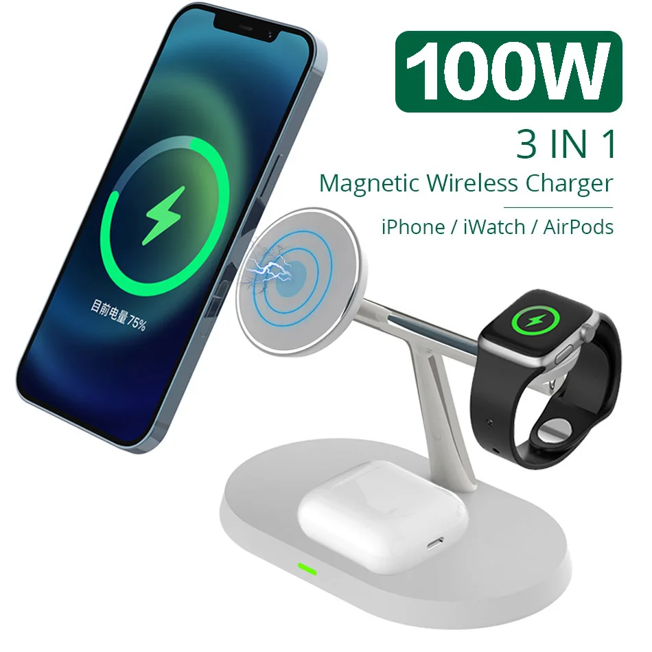 100W for MagSafe 3-in-1 Wireless Charger,  Apple Watch, AirPods Charging Station for iPhone 15 14 13, 12 11 Pro, Pro Max, Mini