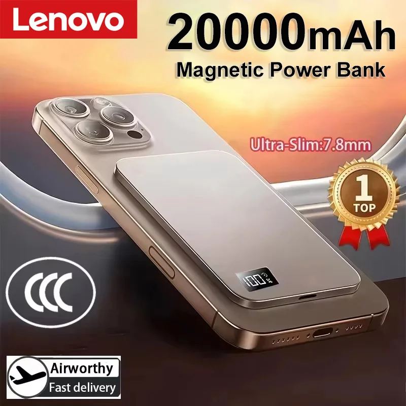 Lenovo 20000mAh Magnetic Wireless Power Bank PD22.5W Fast Charging Ultra Thin Portable External Battery For Huawei Samsung New