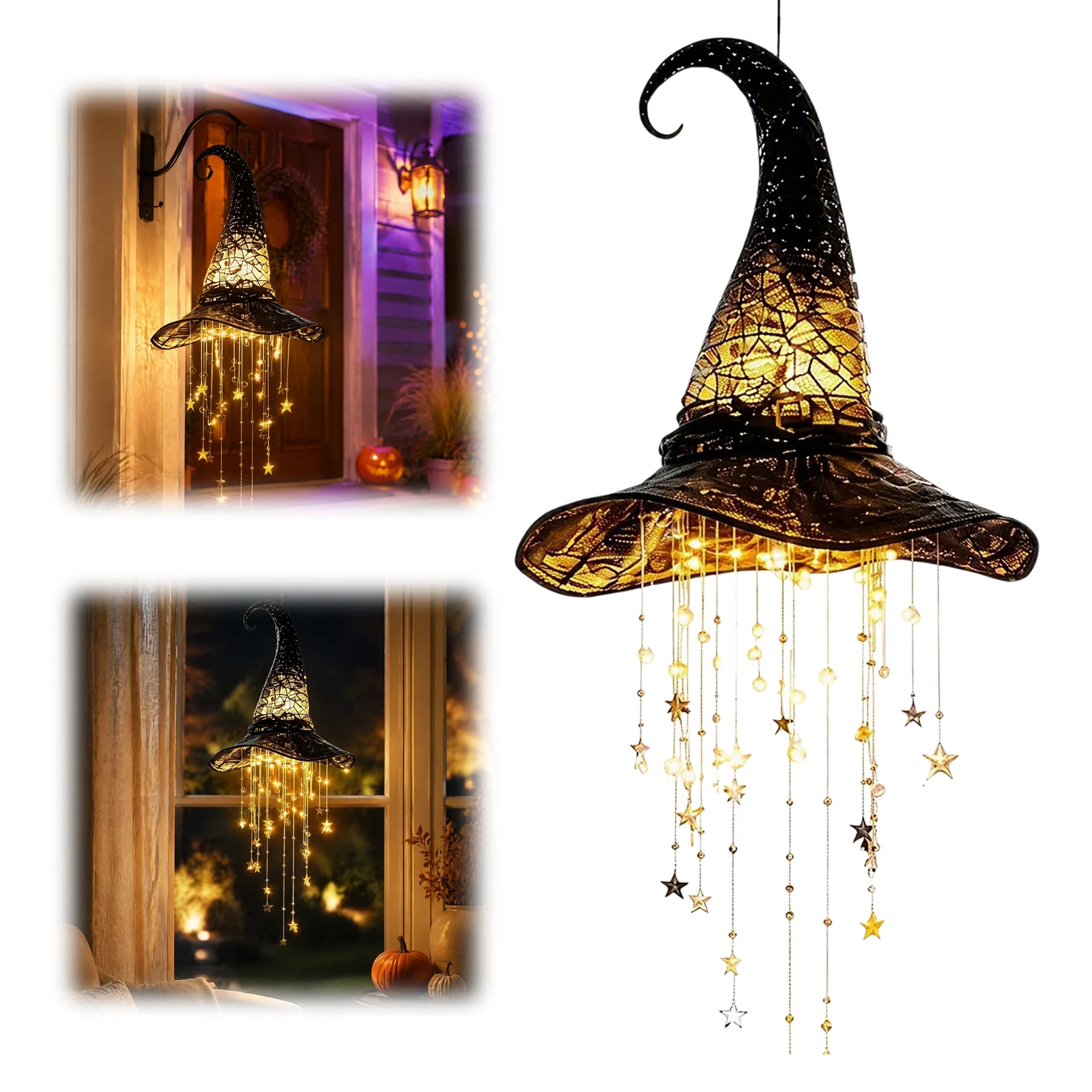 Halloween Wind Chime Star Witch Hat Light Up Hanging Ornament Lightweight Iron Fabric Door Window Porch Decor