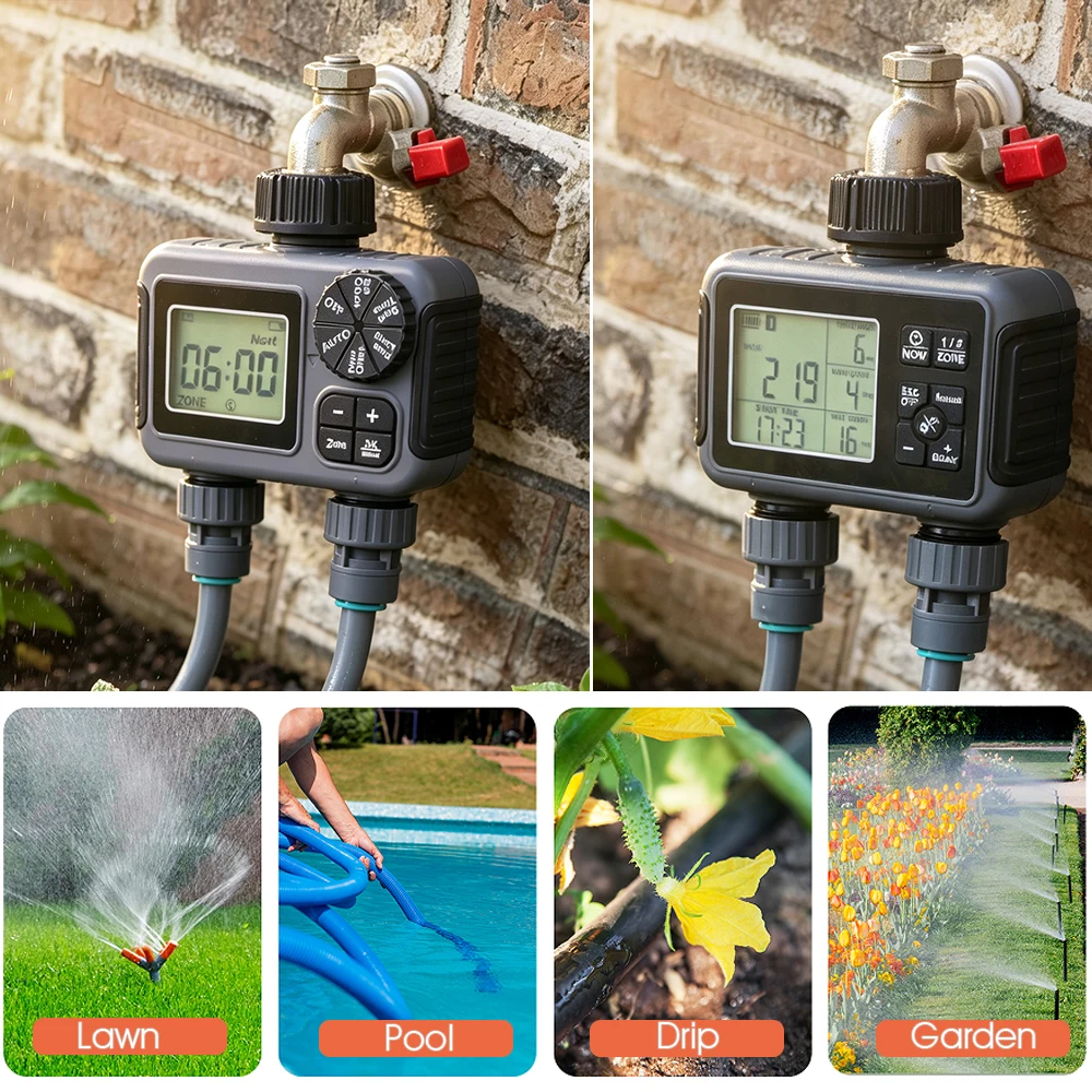 2-Way Garden Watering Timer Dual-Zone Independent Programme Automatic Irrigation Controller IPX5 Waterproof Rain Sensor Delay
