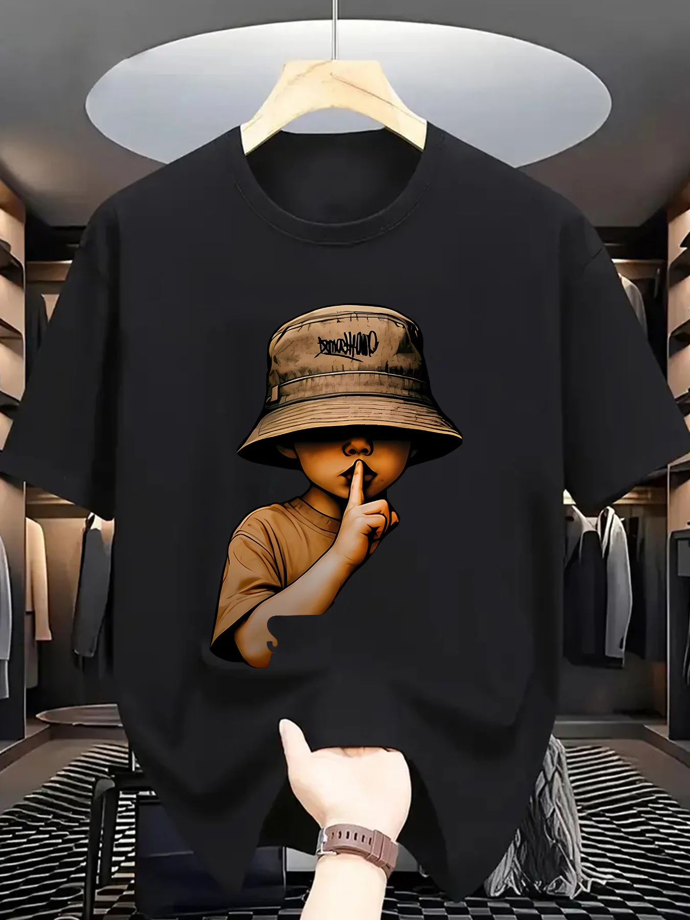 Hip Hop Graphic T Shirt For Men Silent Boy Bucket Hat Shush Finger Crew Neck Tee Trendy Street Portrait Print Casual Daily Tops