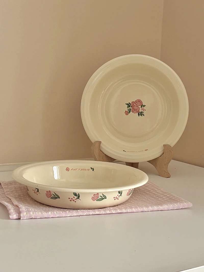 Breakfast Dish Enamelware Baking Tray Dessert Hat Shape Dish French Style round Dish Heat Resistant Plant Pattern Enamel Plate
