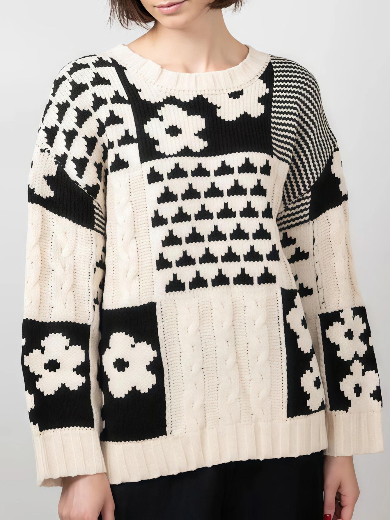 Dames casual losse ronde hals trui vierkant bloemenpatroon Europese en Amerikaanse stijl herfst winter mode