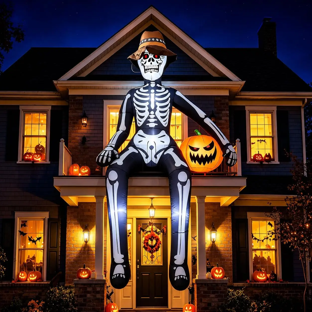 10FT Scary Giant Sitting Skeleton Halloween Inflatables Outdoor Decorations with Built-in LEDs Weather-Resistant Easy Setup