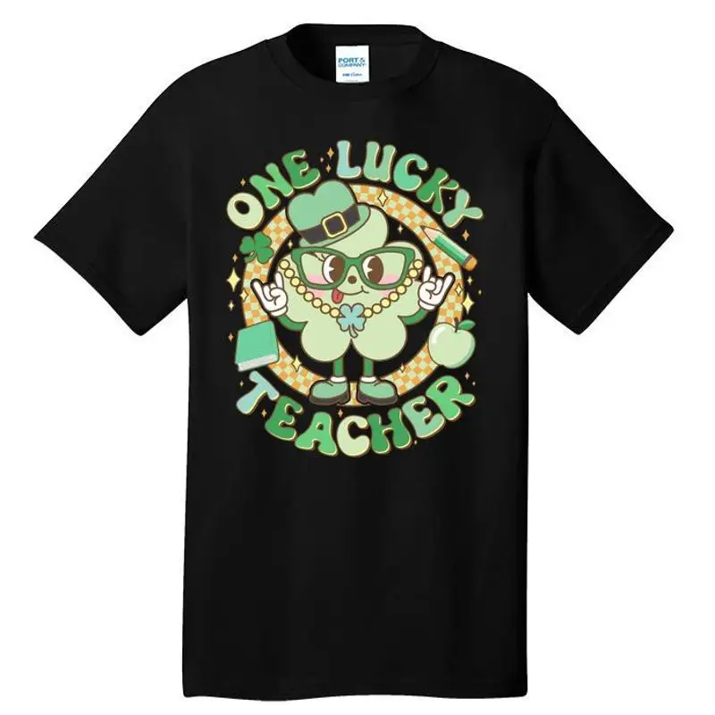 

Cute St Patricks Day One Lucky Teacher Retro Cartoon Shamrock Clover Tall T shirt