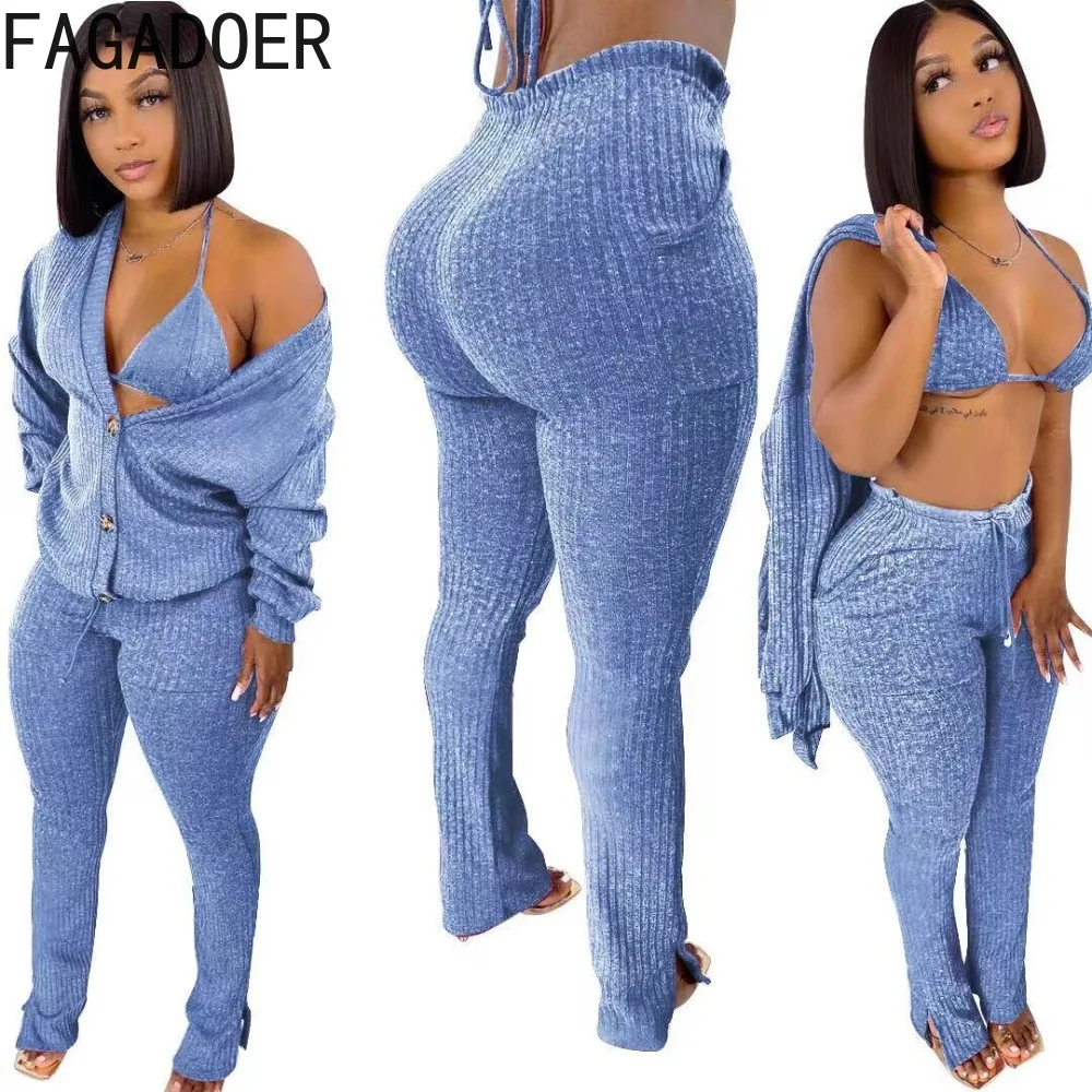 FAGADOER Autumn Casual Knitted Wool 3 Piece Sets Women Bra + Long Sleeve Coat + Skinny Pants Outfit Casual Solid 3pcs Tracksuits