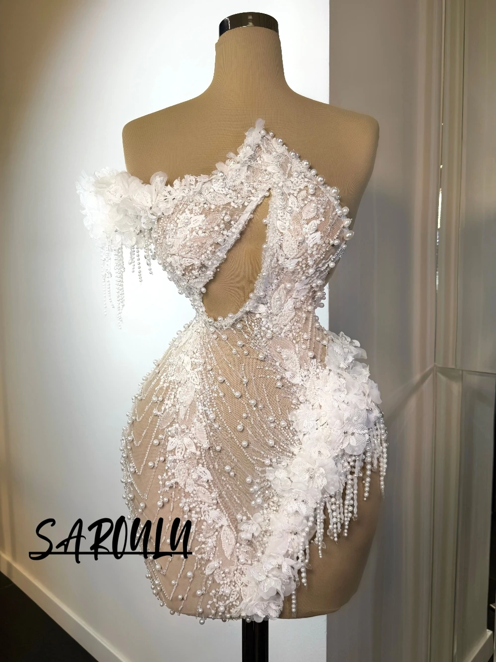 White 3D Floral Lace Mini Cocktail Dress Delicate Pearls Fringe Customized Homecoming Gown For Graduation Birthday Party Night