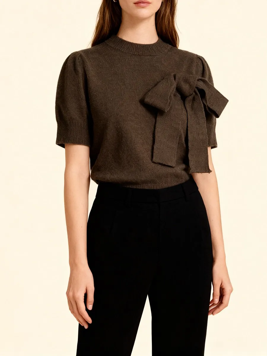 TWOTWINSTYLE Vintage Elegante Pullover für Frauen Halb Hohen Kragen Kurzarm Patchwork Bowknot Abnehmen Kurze Strickwaren Weibliche