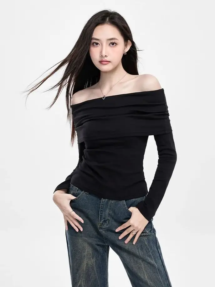 One-shoulder Black Strapless Bottom Women Autumn Long Sleeve Knitted Thread Slim Slim Top Simple Sexy