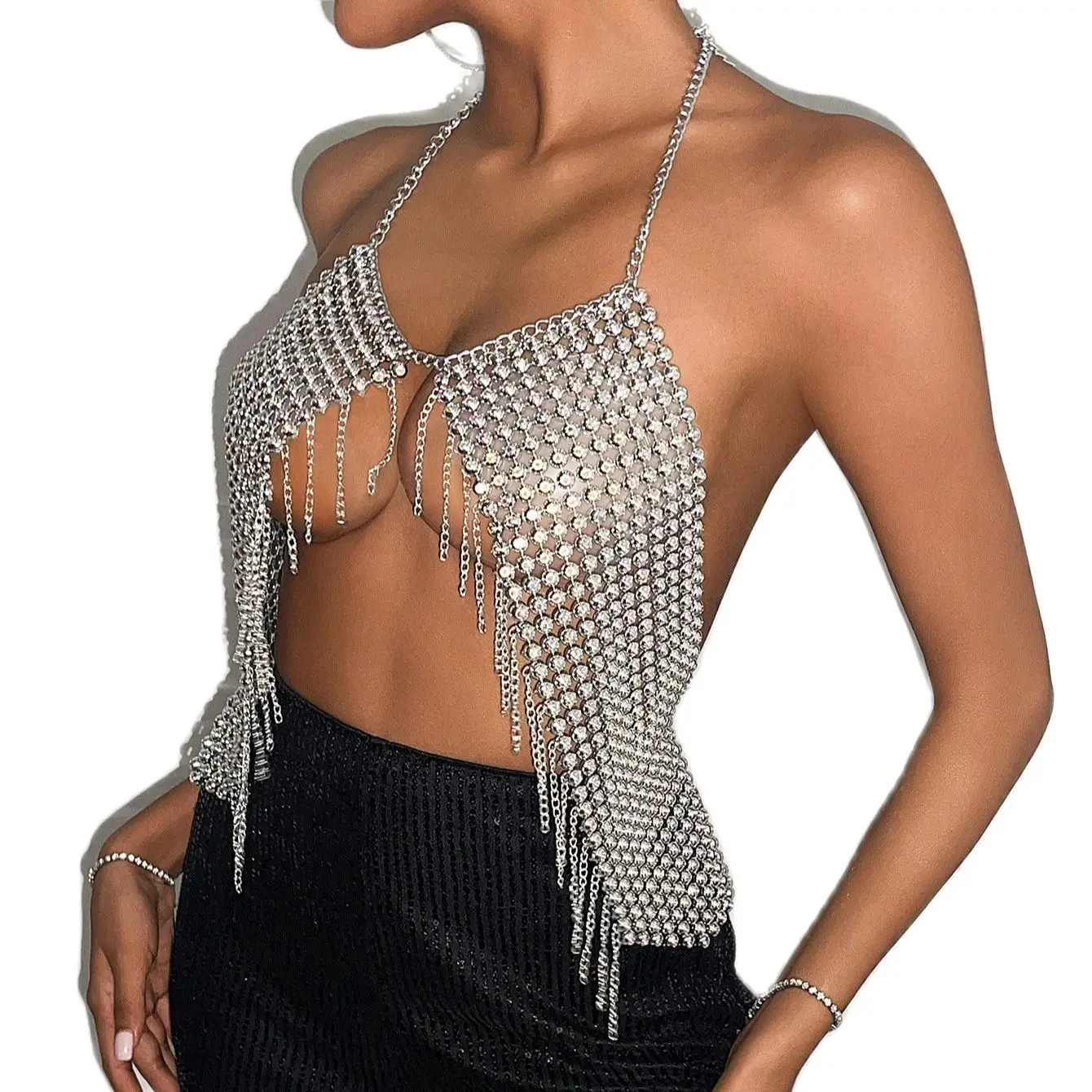 Fashion Silver Halter Tank Top Glitter Diamonds Bustier Tops Gorgeous Backless Metal Sequin Crop Top Club Vest Festival Outfits