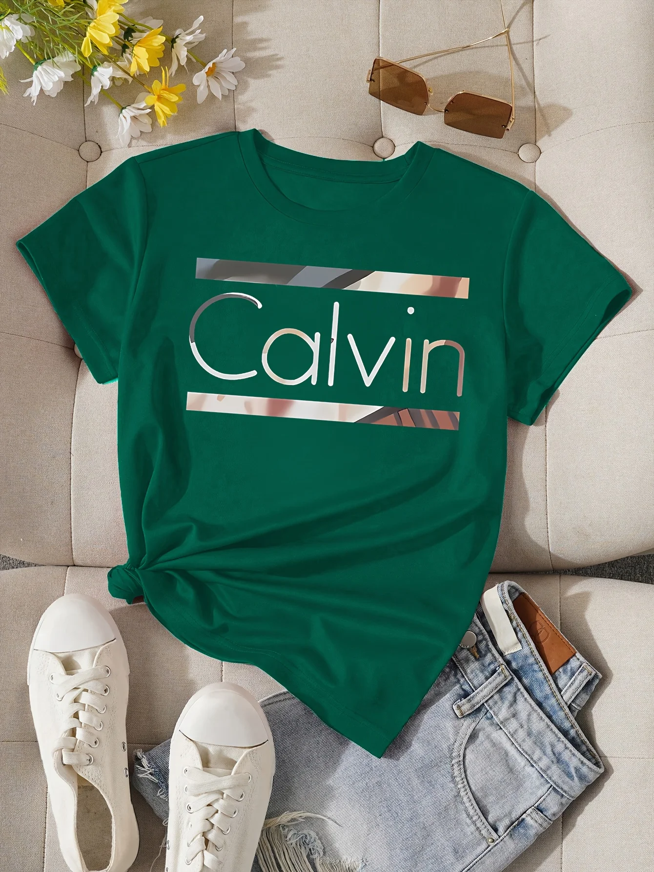 Women's Summer 100% Cotton Fashion Casual Calvin Letter Pattern Printed Loose Round Neck Short Sleeve T-shirt Top image 5