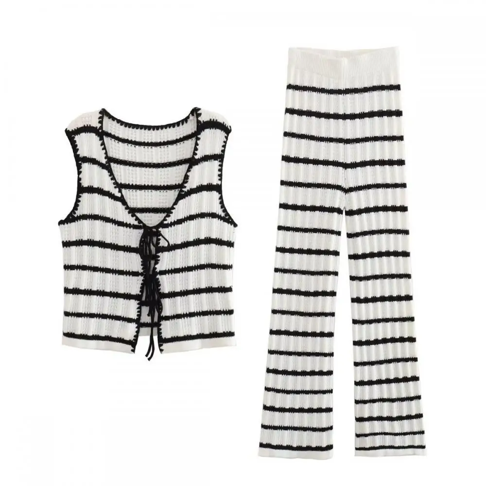 Women Fashion Knitted Striped Waistcoat Pants Set V Neck Front Tie Sleeveless Vest Tank Tops Elastic Waist Trousers Streetwear