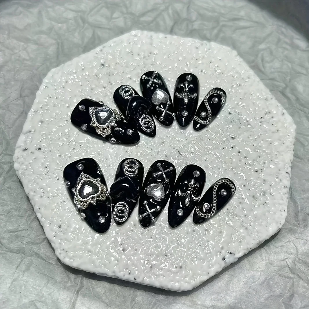 10 Pieces Handmade Wear Nail Dark Mine Series Dark Spicy Girl Style Nail Patch Black Nail Art Finished Fake Nails