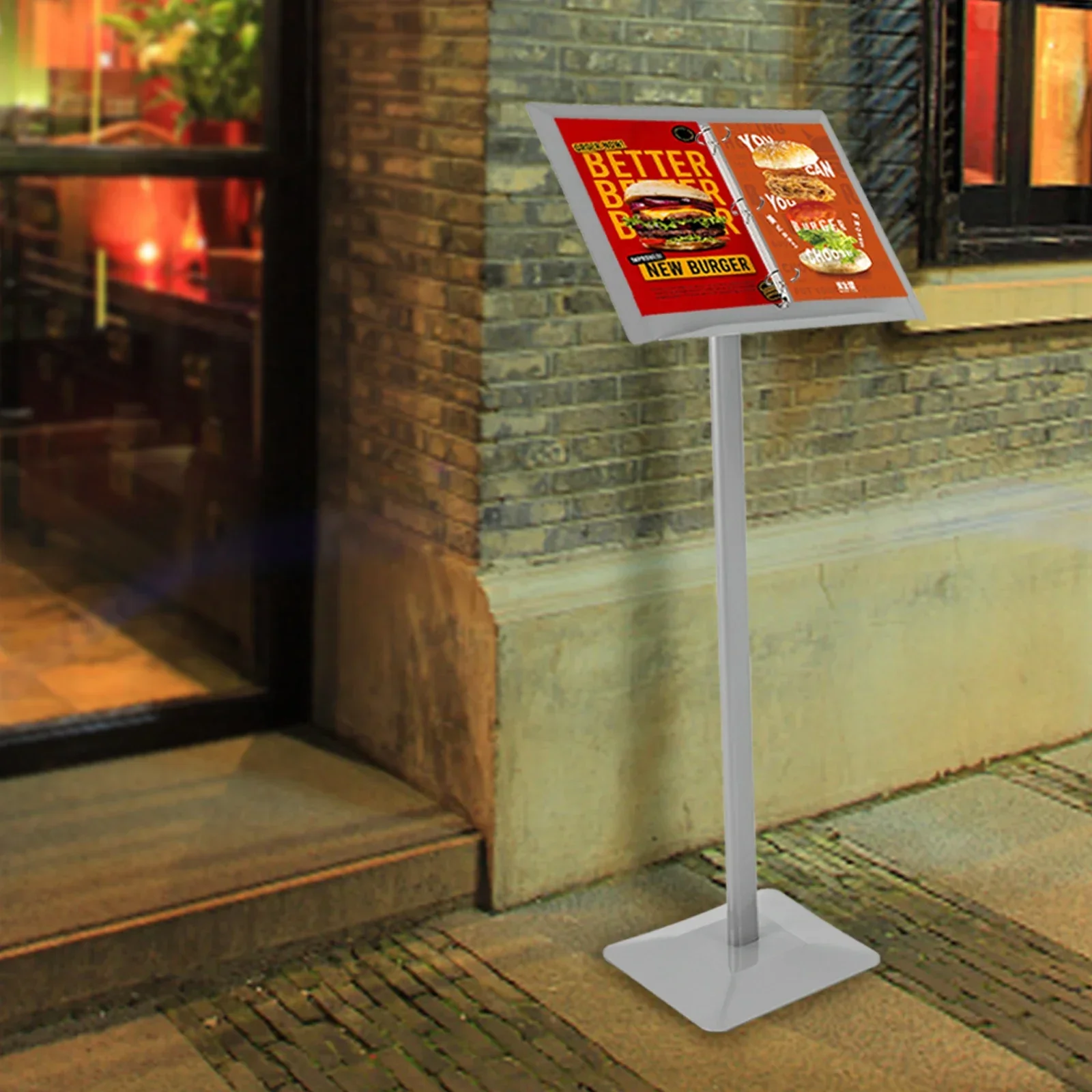 

Silver Metal Menu Stand Freestanding Flip Chart Display Holder for Restaurant Bar Cafe Indoor Menu Board