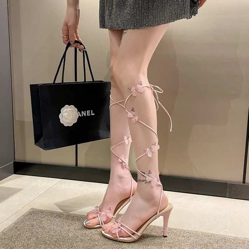 High Heels New Fashion All Match Butterfly Temperament Sexy High Heels Sweet Thin with A Word Thin Belt Sandals Woman