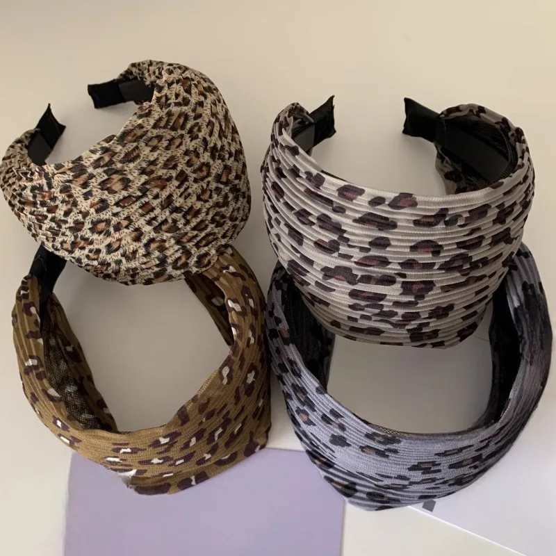 Leopard print pleated fabric super wide headband high sense of high cranial top pressure hair headband hair accessories